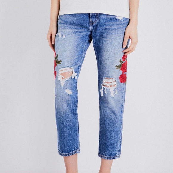 Levi's 501 Floral Embroidered Distressed Ripped Taper Cropped Button Fly Jeans - Picture 2 of 8